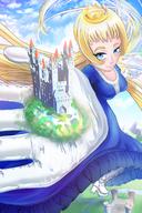 drawing gentle giantess crush landscape giga mega blonde color long_hair blue_eyes clothed handheld princess anime shoes castle high_angle smiling gloves dress boots foot_crush hand palm crown walking unaware mountains river clouds shoe_crush outdoors sky tinies aerial_view point_of_view looking_at_viewer raised_foot crowds elbow_gloves imminent_crush white_gloves on_hand melade melxxxde mirco