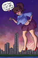 breasts drawing giantess city mega color long_hair destruction skirt high_heels buildings glasses brunette ponytail looking_down night sky sweater new_york_city dialogue hands_on_hips teenage_mutant_ninja_turtles irma bending_forward hair_bun bare_legs bare_midriff looking_at_tinies ameliaafterdark pickusbro irma_langstein