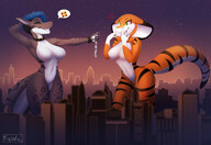 drawing giantess nude furry macro tail anthro shark city tiger color large_breasts handheld buildings green_eyes blue_hair grinning piercings snake heart lesbians collar giantesses standing night thighs gift present earrings cobra scalie bare_legs hand_behind_head bare_midriff armageddon_the_dutchie ida yuri_(armageddon_the_dutchie) 00catewolf00