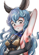 drawing giantess mega color long_hair clothed finger blue_hair sweat brown_eyes gloves hand shrunken_man female_domination black_gloves no_background looking_at_tiny armpits dog_ears sweaty_armpit torokken