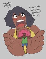 drawing blushing black_hair color clothed handheld pink_hair humor shrunken_woman dark_skin mia dialogue no_background hair sihagen black zaria