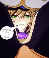 drawing color large_breasts clothed bra green_eyes brunette underboob lisa point_of_view necklace looking_at_viewer looking_at_tiny smirking between_breasts genshin_impact stardustyuki