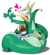 drawing pokemon blushing color red_eyes smiling snake heart looking_down hugging no_background looking_at_tiny serperior
