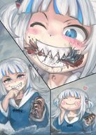 drawing giantess white_hair vore blushing mega color destruction blue_eyes clothed water ocean smiling yilx short_hair fangs boats outdoors ships in_water highlights jaws hololive gura gawrgura shark_fangs