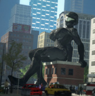 giantess city mega color armor buildings unknown_artist sitting vehicles outdoors halo source_needed sitting_on_building digital_render full_body_suit