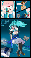 breasts panties long_hair blue_eyes clothed licking cleavage blue_hair domination smiling boots bondage sitting humiliation entrapment lipstick white_panties panty_entrapment cleavage_window smirking shruken manpaladinsevie s-reymunz evie_(paladins)