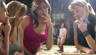 collage blonde color clothed cleavage unknown_artist smoking shrunken_man giantesses cigarette indoors bracelet source_needed on_table looking_at_tiny cleavage_window nude_tiny