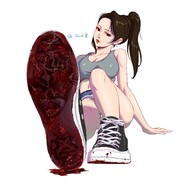 drawing crush color long_hair clothed cleavage red_eyes shoes blood brunette ponytail gore sitting foot_crush shorts shrunken_people shoe_crush looking_at_viewer no_background cleavage_window bare_legs bare_midriff bare_thighs myoffice david