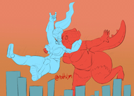 bikini breasts giantess crush tail city long_hair destruction clothed barefoot cleavage buildings ponytail boots fighting outdoors sky goggles semi_nude imminent_crush groping wip kaiju choke cleavage_window bare_legs bare_midriff starshot bare_thighs mudbrawlxl reddslym