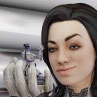 giantess alien black_hair color blue_eyes clothed smiling short_hair hand blue_skin shrunken_woman indoors glove handled looking_at_tiny digital_render mass_effect on_palm asari miranda_lawson smirking visionjack123 white_glove icedev liara