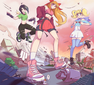 drawing giantess city mega blonde black_hair long_hair destruction blue_eyes clothed rampage skirt buildings green_eyes red_eyes ribbon brunette superhero smiling socks short_hair airplane looking_down giantesses pants sneakers outdoors hair_ribbon jump white_socks looking_at_tiny powerpuff_girls angelgts bare_legs smirking bare_midriff dexter powerpuff_girls_z zaikerwriter cartoon_network townsville