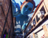 breasts giantess nude vore horns mega color handheld cleavage buildings low_angle yellow_eyes hand demoness blue_skin looming tribal outdoors between_lips orange_hair imp pointed_ears digital_render bodypaint innocent_owl picked