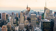 giantess collage city mega blonde color long_hair clothed buildings shorts standing outdoors sky looking_at_viewer new_york_city empire_state_building bare_legs