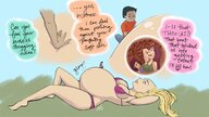 bikini breasts drawing giantess vore blonde color blue_eyes in_stomach barefoot cleavage stomach looking_up outdoors looking_at_tiny bare_legs bare_midriff bare_thighs agiantessart
