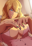 breasts drawing gentle blonde color blue_eyes clothed cleavage smiling hand shrunken_man fingers indoors nail_polish looking_at_tiny cleavage_window zerohour99 jessiehana