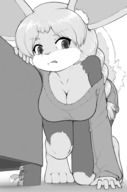 drawing furry monochrome long_hair clothed bunny barefoot cleavage low_angle kneeling shrunken_man hiding indoors sweater furniture searching bare_legs hare alloyrabbit grayscale bare_thighs chrome bare_paws lionel