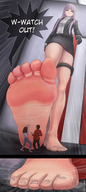 drawing crush feet color long_hair clothed toes barefoot low_angle pink_hair kyoko foot_crush pink_eyes unaware indoors imminent_crush danganronpa bare_legs artclonov bare_thighs kirigiri_kyoko kyoko_kirigiri kirigiri