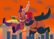 giantess tail city mega blonde long_hair cleavage buildings helicopter smiling red_hair ponytail foot_crush wrestle giantesses clouds outdoors sky sunset goggles semi_nude scales imminent_crush kaiju bare_legs bare_midriff bare starshot mudbrawlxl reddslym jennifer_harper lola_blaze
