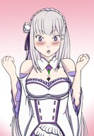 breasts drawing white_hair blushing color large_breasts long_hair clothed cleavage huge_breasts purple_eyes dress cute shrunken_man looking_down bust shy no_background looking_at_tiny cleavage_window between_breasts re_zero emilia rarayagts frills xmizuki123