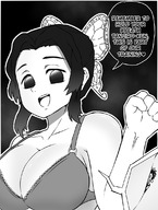 breasts drawing monochrome large_breasts cleavage bra huge_breasts smiling short_hair butterfly smothering semi_nude no_background armpits gtstamago shinobu_kocho grayscale tanjirou_kamado