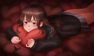 drawing gentle blushing color long_hair clothed red_eyes brunette purple_eyes smiling couple pillow lying_down heart shrunken_man romantic skirts nail_polish sofa looking_at_tiny bare_legs kkasi00 kuroihassan bare_thighs