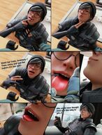vore comic color tongue clothed glasses smiling gloves short_hair mawshot shrunken_man soft_vore swallowed indoors hat grey_hair grey_eyes burp digital_render rainbow_six_siege bantoras dokkaebi