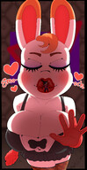 breasts drawing furry anthro color clothed bunny cleavage huge_breasts tiny lips kissing heart smooch shrunken_man indoors bunny_girl closed_eyes commission smothering thick_thighs animal_crossing on_lips sound_effects mspaintgts cleavage_window bowtie heavy_eyeshadow tiffany_(animal_crossing) loverofthicc69