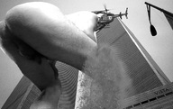 collage city mega monochrome butt destruction giant penis buildings helicopter men looking_down outdoors sky looking_back ballsack raised_butt grayscale