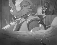 drawing micro furry anthro size_difference monochrome armor fantasy handheld finger mouse sitting shrunken_man rat body_exploration chair indoors spear skin on_finger on_hand looking_at_tiny atacama body_landscape