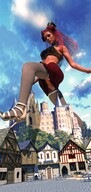 crush panties feet horns mega upskirt color clothed skirt buildings demon stockings castle socks red_hair sandals foot_crush demoness clouds outdoors sky raised_foot long_socks imminent_crush digital_render bare_midriff velocity-vektor