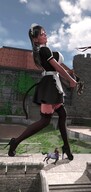color high_heels stockings castle socks maid_uniform clouds outdoors sky grey_hair long_socks black_socks digital_render bonnet velocity-vektor