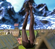 giantess blonde color stockings socks village grass mountains outdoors long_socks black_socks digital_render velocity-vektor