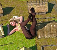 giantess mega blonde stockings high_angle socks lying_down legs outdoors aerial_view thigh_highs semi_nude black_socks bare_midriff velocity-vektor