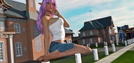 giantess mega color barefoot green_eyes pink_hair elf sitting lipstick clouds outdoors sky nail_polish sitting_on_floor pointed_ears digital_render bare_legs bare_midriff velocity-vektor hourse