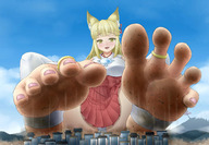 drawing giantess panties feet giga city upskirt blonde color long_hair clothed toes barefoot buildings sweat yellow_eyes smiling fox_ears dress unknown_artist kitsune mountains clouds outdoors dirty_soles sky under_foot white_panties toe_ring nail_polish looking_at_viewer source_needed sweaty_feet smirking