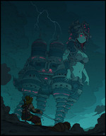 breasts drawing giantess karbo color cleavage bra red_eyes red_hair taur storm clouds outdoors sky rings helmet glowing_eyes the_legend_of_zelda breath_of_the_wild bare_midriff link_(the_legend_of_zelda) homer4hire247 vahnaboris four_legs