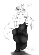drawing crush feet monochrome clothed stockings socks foot_crush guilty_gear shrunken_person raised_foot black_socks imminent_crush no_background millia_rage stuffy rarayagts grayscale