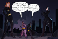 breasts drawing city mega color long_hair butt crossover high_heels buildings huge_breasts brunette gloves mini_giantess boots hand giantesses mask batman night costume cape necklace whip belt dialogue catwoman thief looking_at_tiny dc_comics caiman2 steeldragonblue