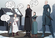 breasts drawing white_hair blonde color long_hair butt armor sword huge_breasts brunette castle multiple_sizes gloves dress short_hair mini_giantess boots queen giantesses snow winter cape belt dialogue looking_at_tiny game_of_thrones daenerys_targaryen sansa_stark caiman2 jon_snow brienne_of_tarth winterfell steeldragonblue arya_stark