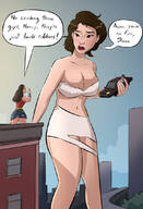 breasts drawing giantess city mega black_hair color large_breasts armor crossover handheld cleavage bra skirt buildings brunette brown_eyes short_hair mask vehicles outdoors costume wonder_woman ripped_clothing bracelet dialogue semi_nude attack_of_the_50_foot_woman looking_at_tiny dc_comics nancy_archer bare_legs bare_midriff caiman2 bank_robbers