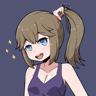 drawing giantess black_hair color blue_eyes clothed cleavage brunette ponytail shrunken_woman top looking_at_viewer in_hair no_background cleavage_window naked_tiny hair inksgirls nude_tiny human_accessory poillui