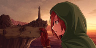 drawing giantess micro mega color clothed ocean brunette yellow_eyes lighthouse clouds outdoors sky sunset glove cliff hood dark_souls looking_at_tiny dark_souls_2 thunderafterdark human emerald_herald faraam