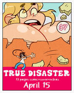 breasts drawing nipples blonde comic color destruction cleavage huge_breasts advertisement on_nipple debris hanging_from_nipple true_disaster