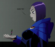 breasts drawing color large_breasts purple_hair raven teen_titans short_hair hand beast_boy palm shrunken_man looking_down cape belt dialogue hood handled no_background green_skin looking_at_tiny dc_comics grey_skin justanoterravenfan
