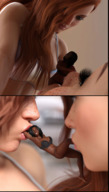 color bra bed underwear lips red_hair kissing lesbians shrunken_woman giantesses dark_skin indoors mouth_play freckles bedroom semi_nude between_lips boomgts digital_render skimy_clothes caught_between
