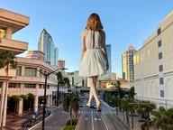 giantess collage city mega color clothed barefoot buildings street red_hair dress short_hair vehicles sky emma_stone rear_view bare_legs worldofgiants