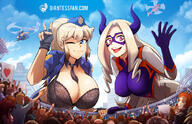 breasts drawing giantess city mega blonde color large_breasts long_hair blue_eyes clothed cleavage bra buildings helicopter huge_breasts smiling ponytail pink_eyes looking_down giantesses clouds outdoors sky nail_polish giantessfan crowds officer winking cheering my_hero_academia looking_at_tinies mt._lady police_officer a_goddess_of_law officer_nikki