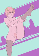 giantess feet horns manga anime stockings topless yellow_eyes socks pink_hair black_eyes entrapment raised_foot semi_nude long_socks sock_entrapment my_hero_academia mina_ashido bare_midriff pink bare_thighs cloth_entrapment arcanensfw