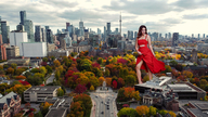 giantess collage city mega color long_hair clothed buildings brunette dress looking_down clouds outdoors sky trees toronto cn_tower bare_legs worldofgiants