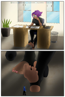 giantess feet toes soles glasses purple_hair ponytail short_hair sitting shrunken_man indoors desk nail_polish point_of_view reading swirly_glasses royalwaffle stirrup stirrup_socks detective original_character glassesswirly